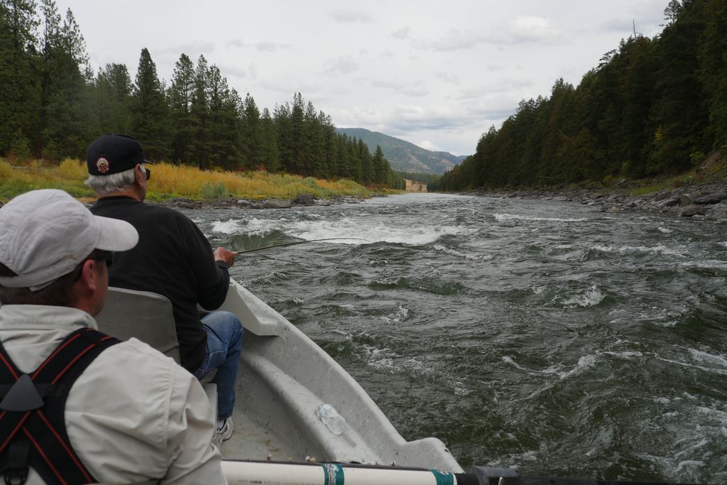 Two anglers in a drift boat facing a tree-lined Montana river