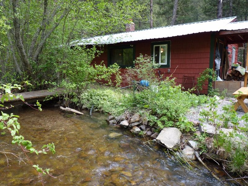 Red cabin beside a small stream and green shrubs
